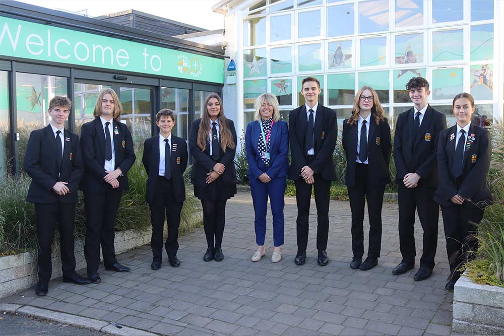 A photo of the new student leadership team by Penrice reception.